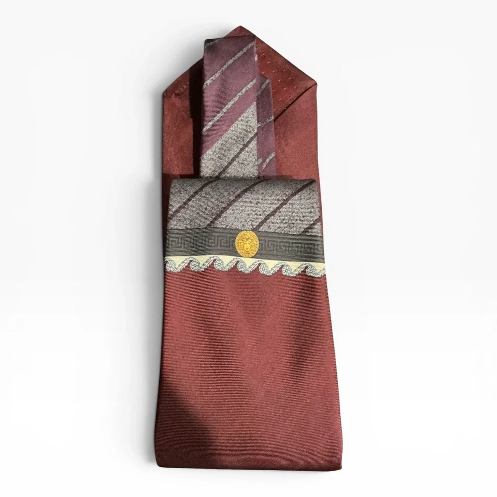 Versace Vintage Silk Tie Medusa Greek Key Burgundy Striped Italy 90s